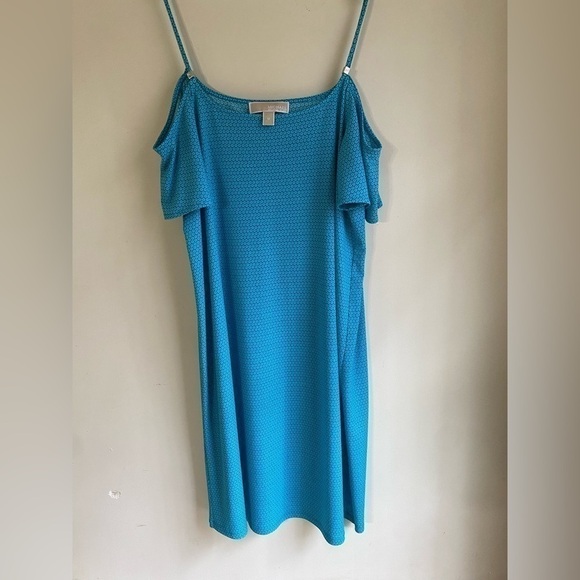 Michael Kors Dress Medium blue Floral Cold Shoulder Mini Shift EUC beautiful!!! - Picture 7 of 13